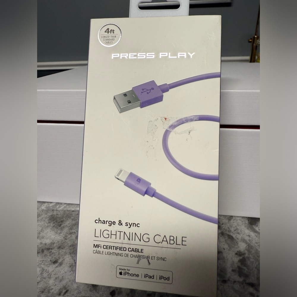 Press Play 4 foot ft charge and sync Lightning Cable in pink purple